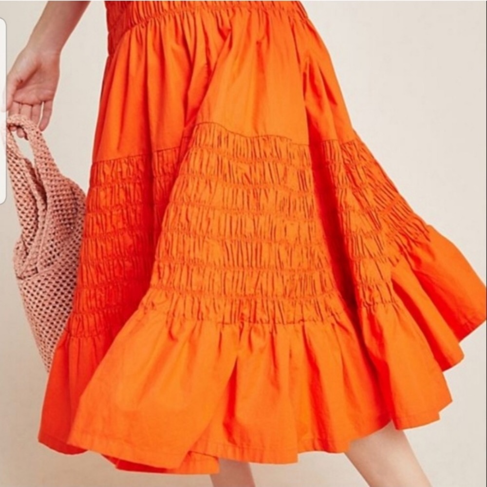 Anthropologie Orange Tiered Midi Skirt